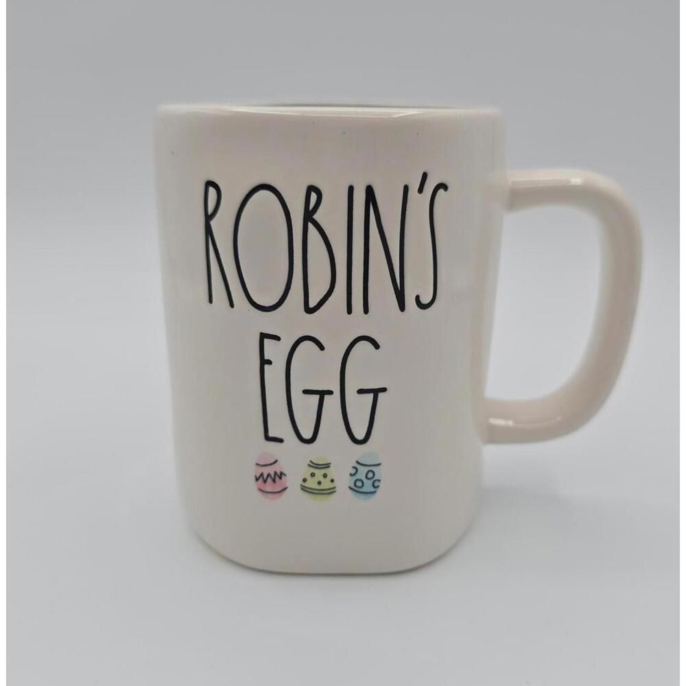 Rae Dunn White and Black w/Blue Robin's Egg Ceramic Coffee Mug with Pastel Eggs